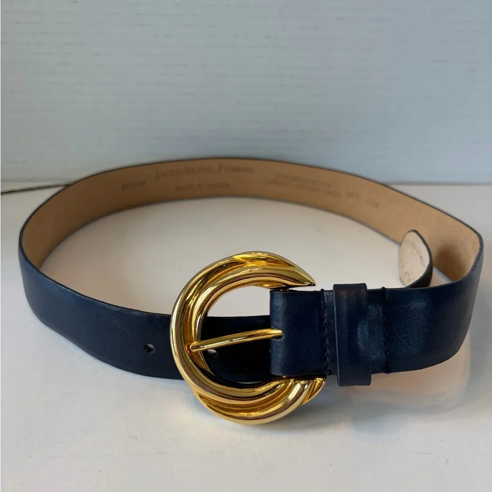 Jaqueline Ferrar navy leather gold tone‎ buckle belt